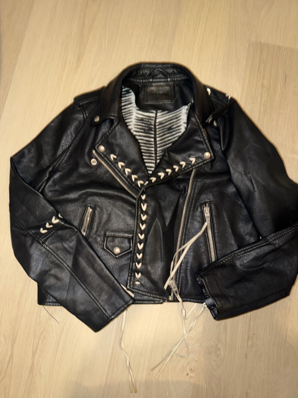Blank NYC Black Leather Moto Jacket with Cream Lace-Trim